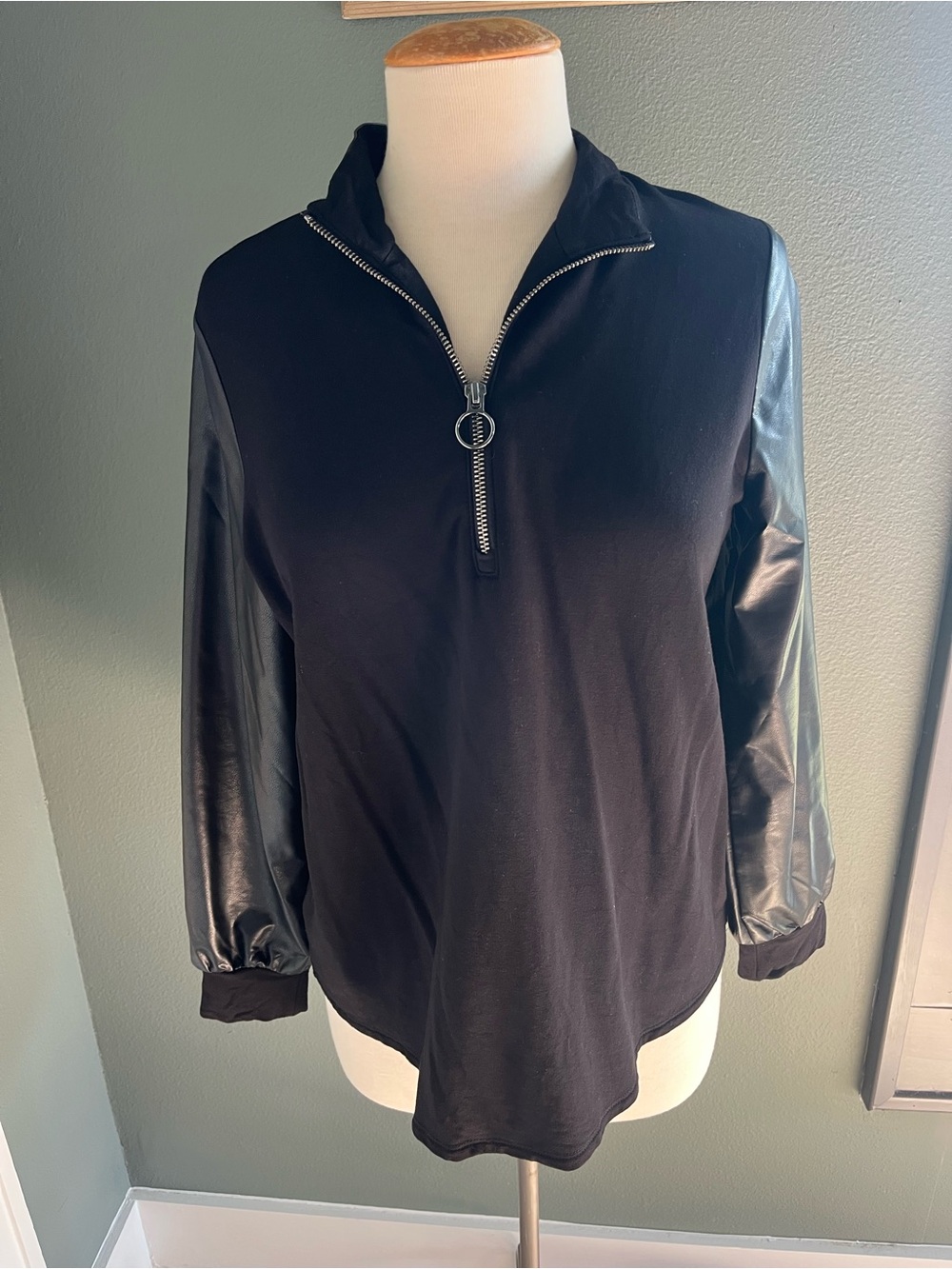 Chico's Black Faux-Leather Sleeve Half-Zip Top